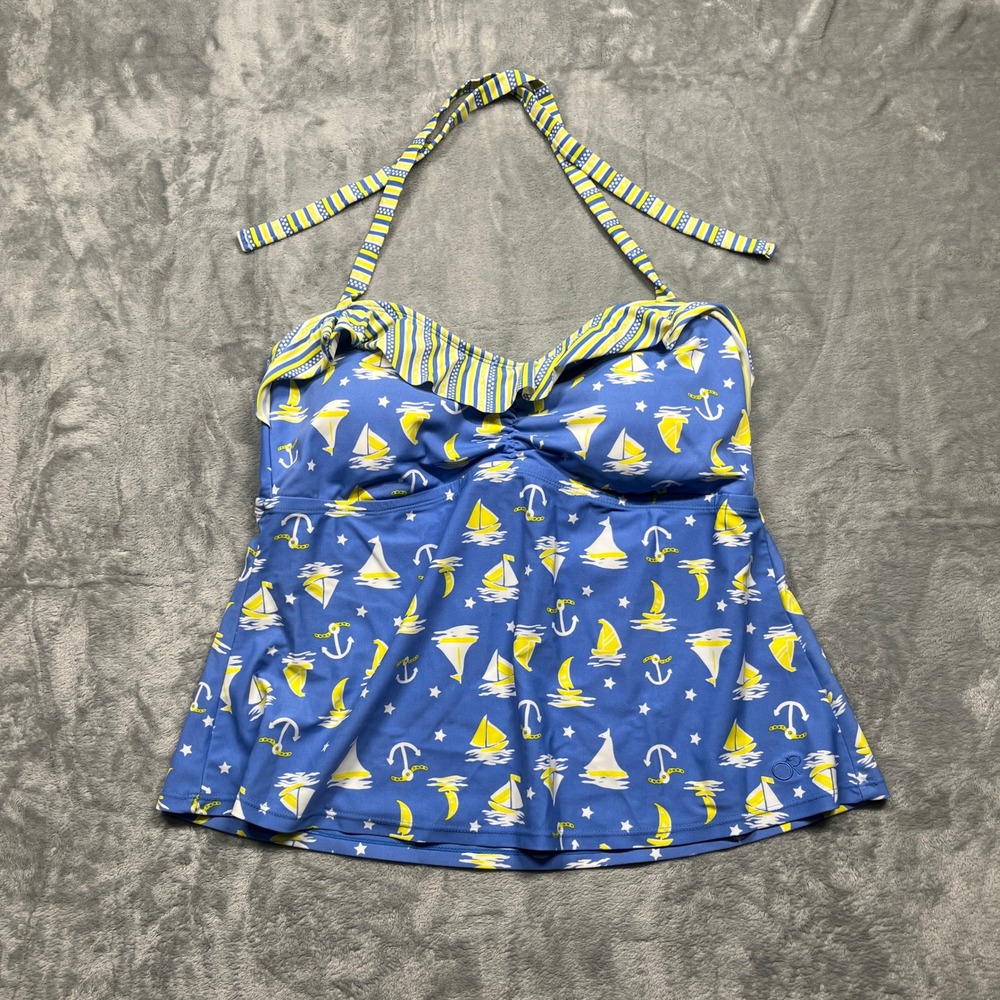 Ocean‎ Pacific Tankini Top Womens Blue Yellow Nautical Sailboat Halter Ruffle L